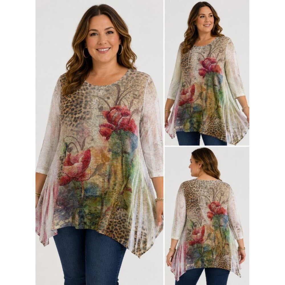 Jess & Jane L Floral Leopard Poppy Rhinestone Sheer Art Wear Tunic
